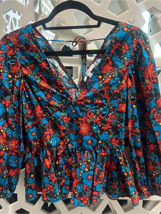 10 Crosby Derek Lam Tops - 10 Crosby Derek Lam Black Floral Peplum Blouse with Red and Blue Flowers